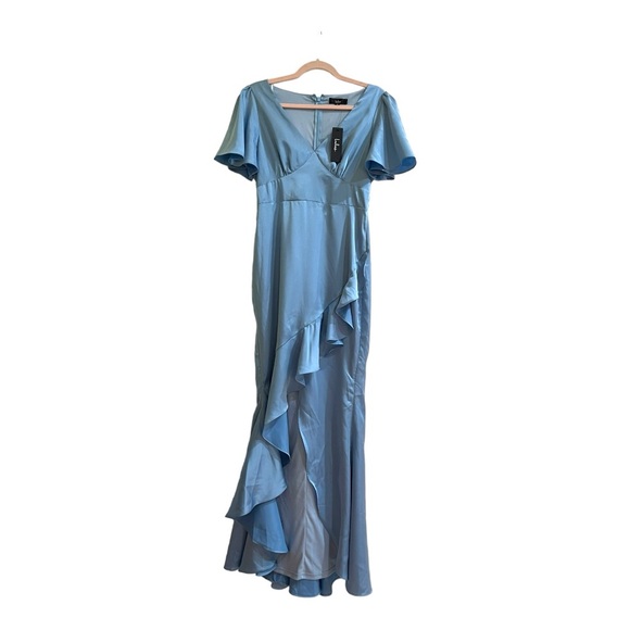 Lulus Chic Ruffled Maxi Dress Eternal Satin Light Blue Flutter Sleeve Gown Sz M - Picture 6 of 8